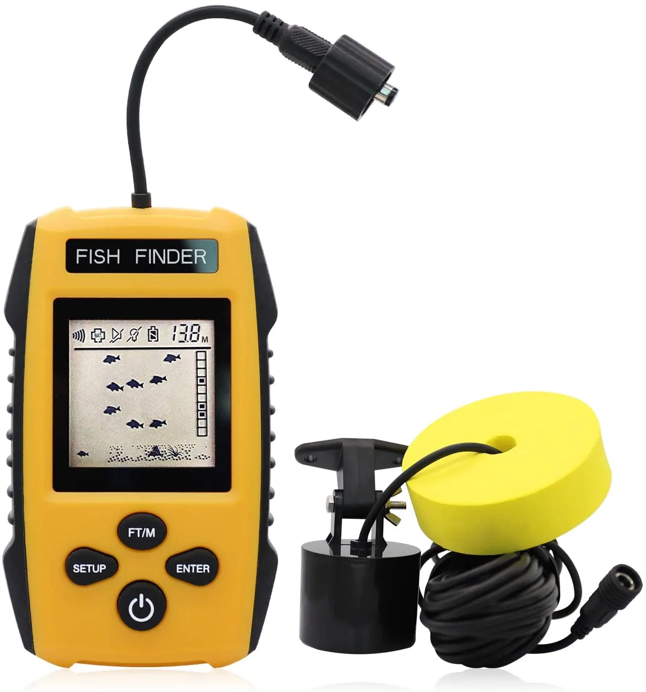 Portable Fish Finder, Contour Readout Handheld Fishfinder Depth readout 3ft to 328ft with Sonar Sensor Transducer and LCD Display 5 Modes