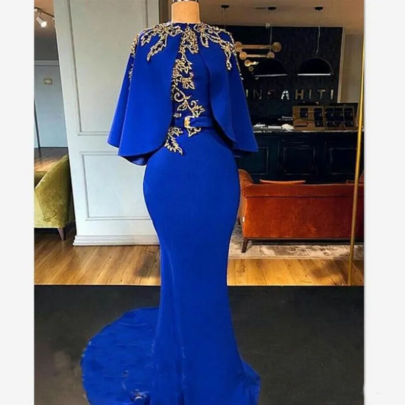 Vintage Royal Blue Mermaid Evening Dresses With Cloak Cape Gold Beads Arabic Dubai Women Designer Long Prom Dress Party Gowns