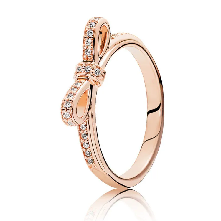 925 Sterling Silver Sparkling Bow Ring Set Original Box for Pandora grain Women Wedding CZ Diamond bowknot 18K Rose Gold Ring