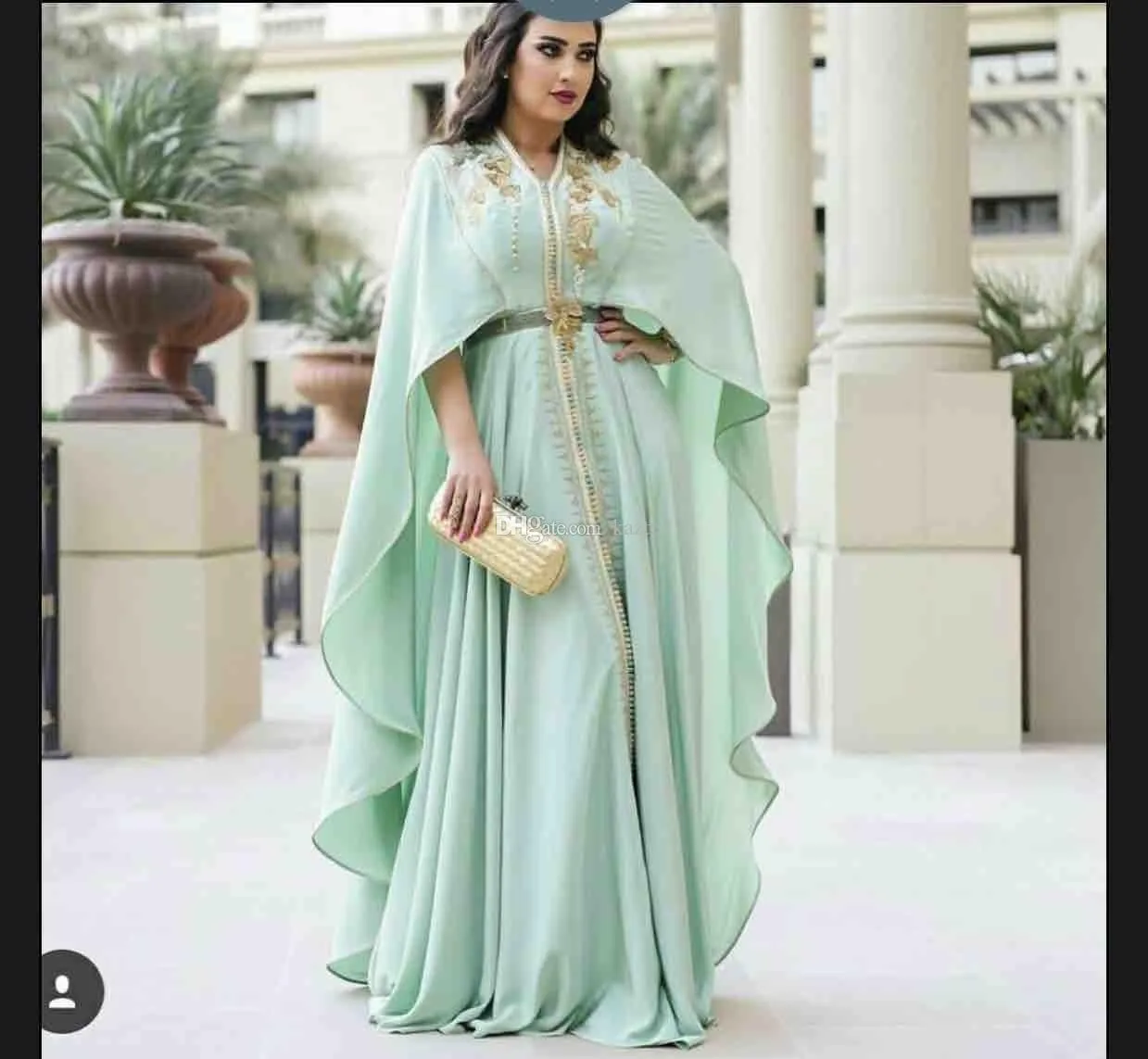 2019 Nane Yeşil Kaftan Abiye Uzun Kollu Altın Aplikler Nakış Fermuar Kaftan Balo Abiye Arapça Abaya Artı boyutu Resmi elbise