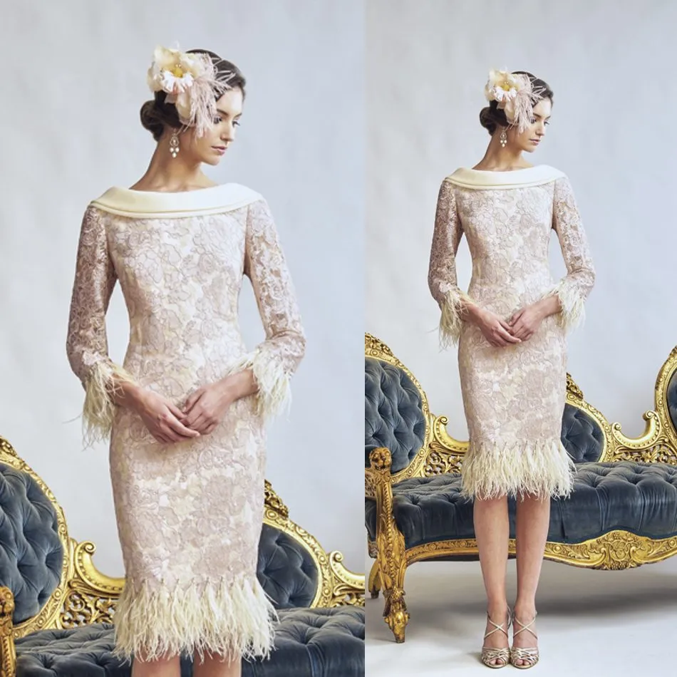 2019 Latest Mother of the Bride Dresses Long Sleeves Lace Feather Evening Gowns Prom Wear Knee-Length Formal Wedding Guest Dress