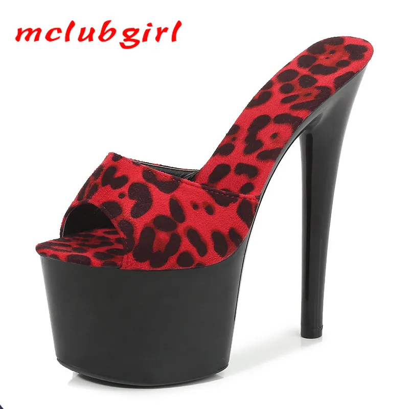 Sapatos de vestido McLubgirl Modelo de alto salto alto Mulheres Peixe Toe Sexy Black Platform 17cm Ultra-High-Head Lepard Imprimir Chinelos Sandálias LFD