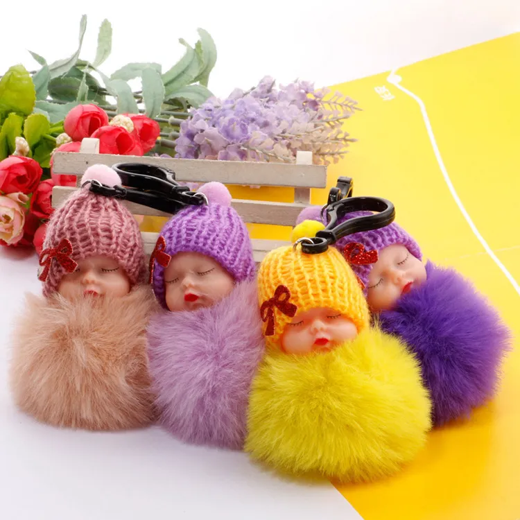 Nouveau mignon dormir bébé poupée porte-clés pour femmes sac jouet porte-clés moelleux Pom pom fausse fourrure en peluche porte-clés