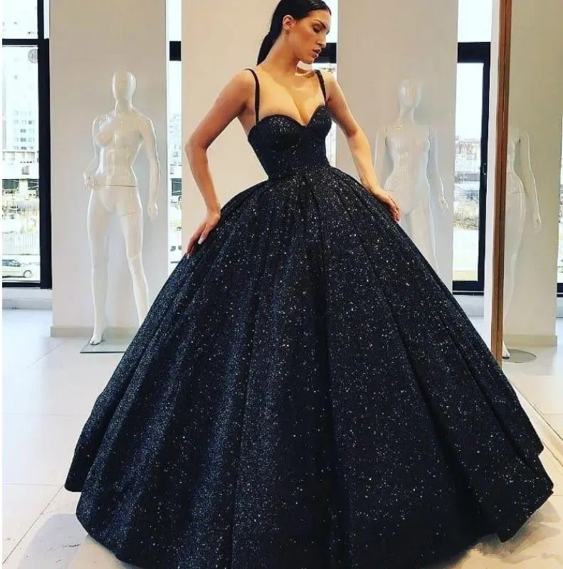 Black Beaded Spaghetti Neck Ball Gown Black Glitter Prom Dress