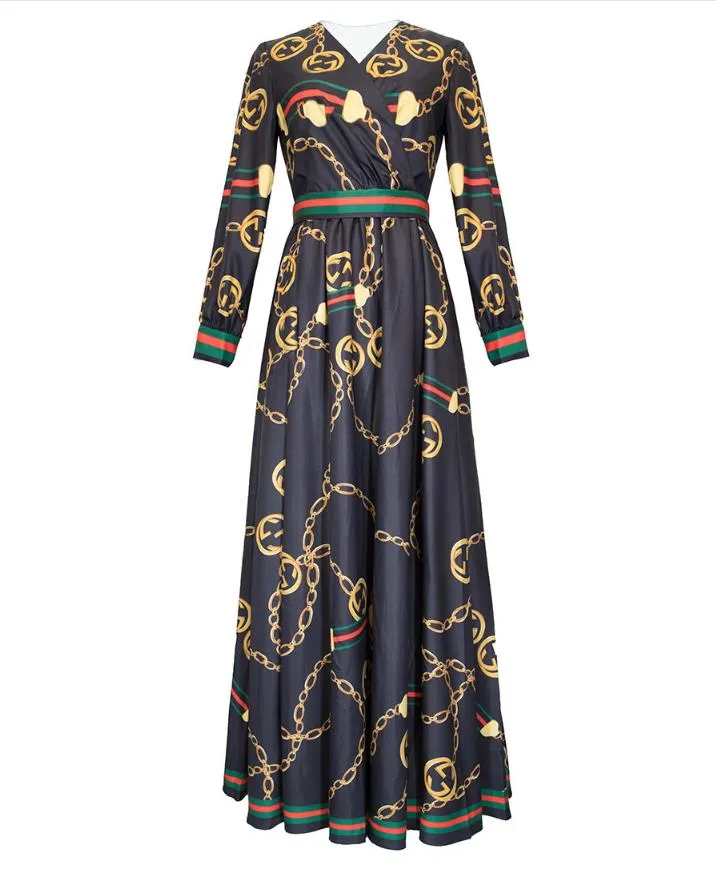 Fashion-2019 Printemps Eté Flora Imprimer Robe Col V Empire Jupe De Vacances Bal Celebrity Style Robe De Mode À Manches Longues YY