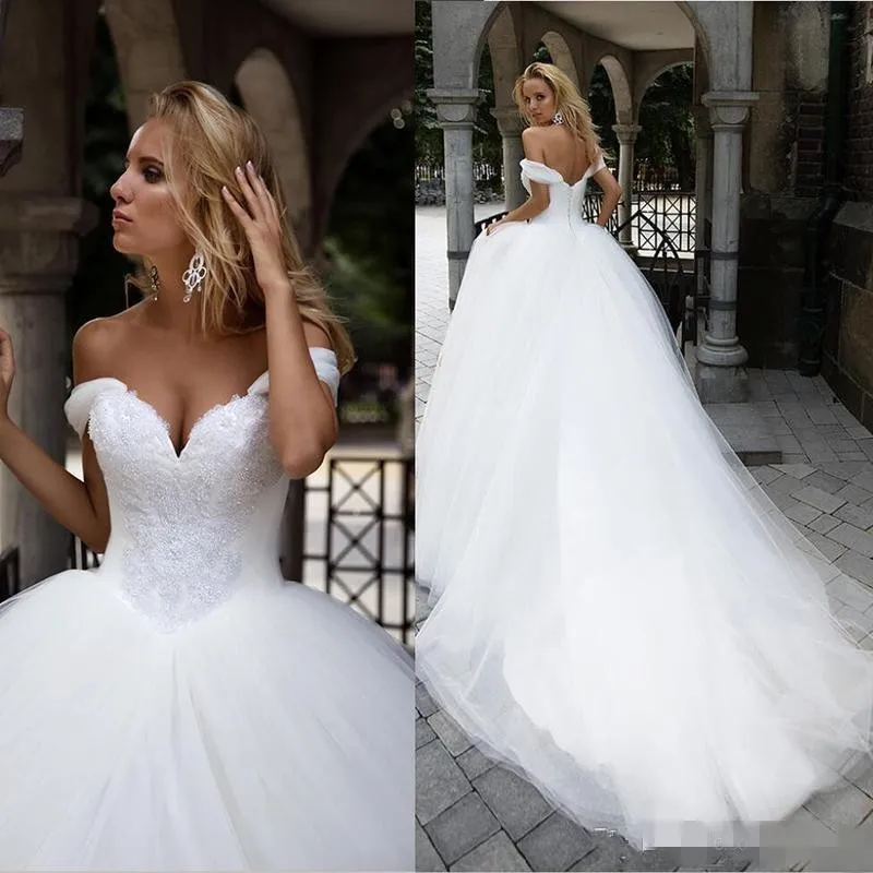 Elegante Off The Ombro Vestidos de Noiva Tule Sweep Train Lace Applique Feito Custom Feito Plus Size Casamento Nupcial Vestido de Novia