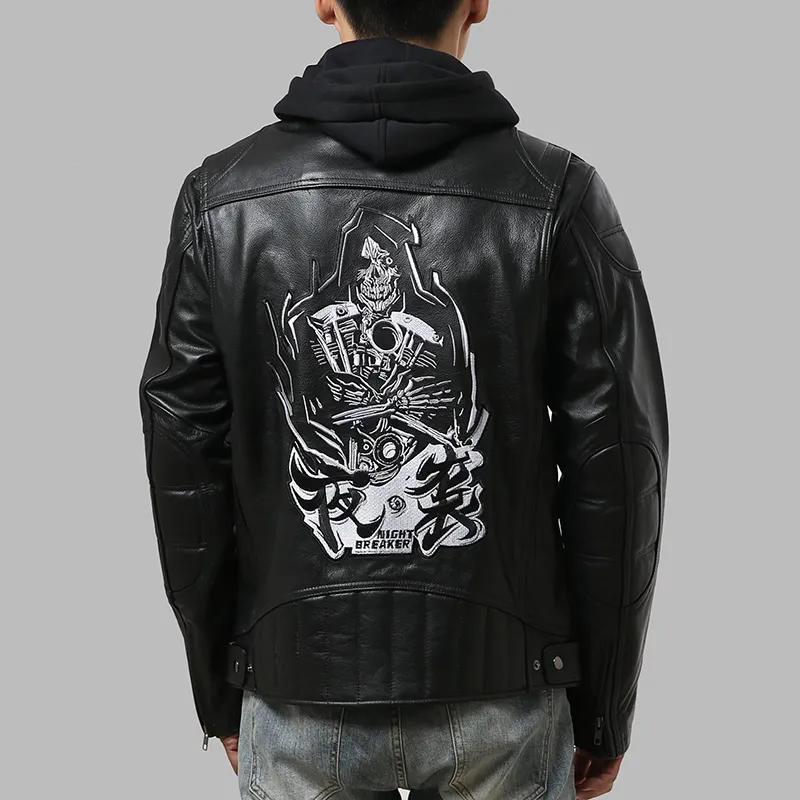 Harley tarzı motosiklet deri ceketler hoody ile ilk katman deri ceket desen yarış erkek ceket ile