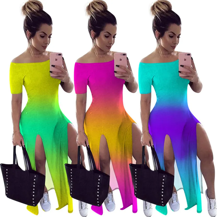 Plus Size 2x Summer Women Maxi Sukienka Trendy Gradient Sukiena Designer Projektant SLIT Contrast Kolorowa sukienka na ramię