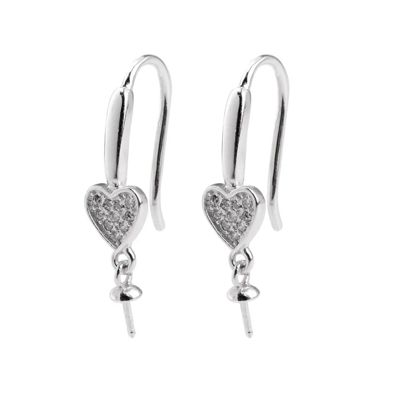 Little Heart Pearl Findings Hook Earwire for Drop Pearls 925 Sterling Silver Zircons Earrings 5 Pairs