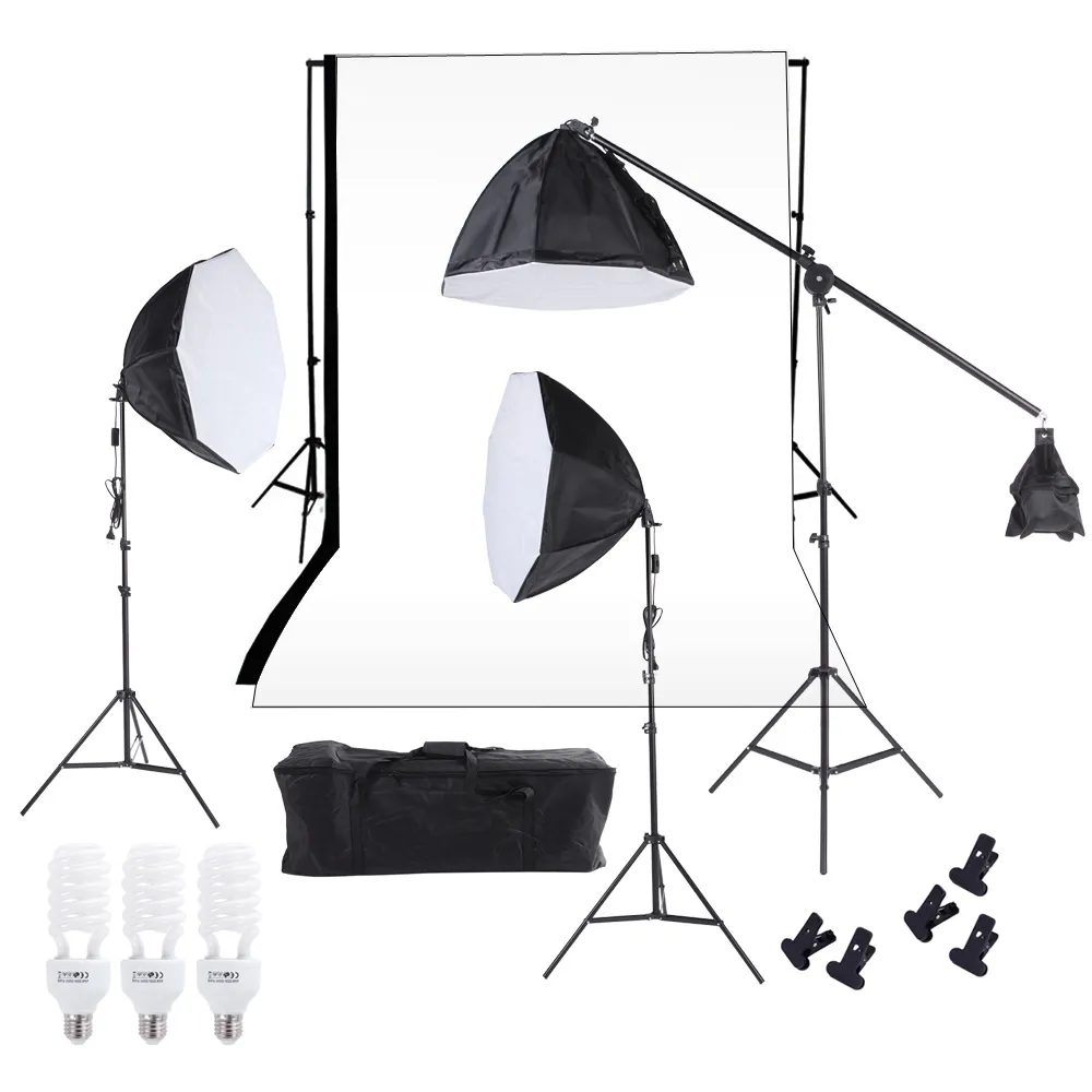 Livraison gratuite Kit d'éclairage de studio de photographie Softbox Photo Studio Équipement vidéo Toile de fond Softbox Cantilever Light Stand Ampoules Sac de transport