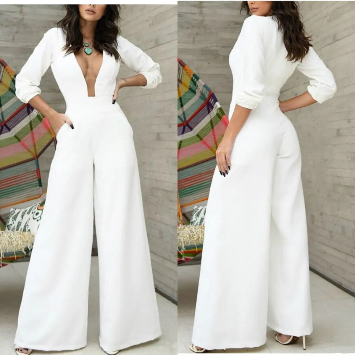 Sexy Jumpsuits Prom Dresses Robe De Soiree Long Sleeve Deep V Neck Evening Gowns with Pocket White Pants Formal Women Party Dress