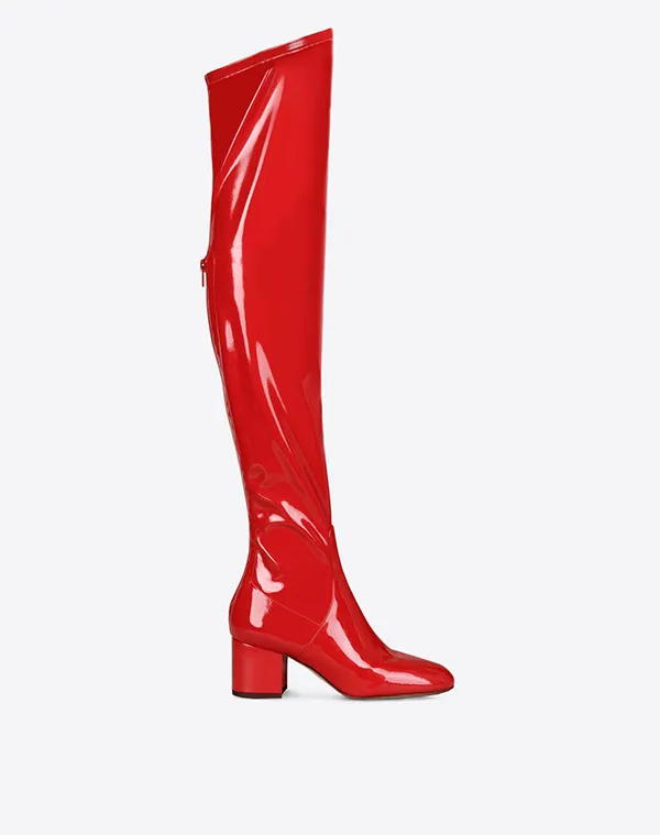 2019 fashion boots round toes chunky heel stretch winter boots women shoes Plain red patent leather zip Knee boots