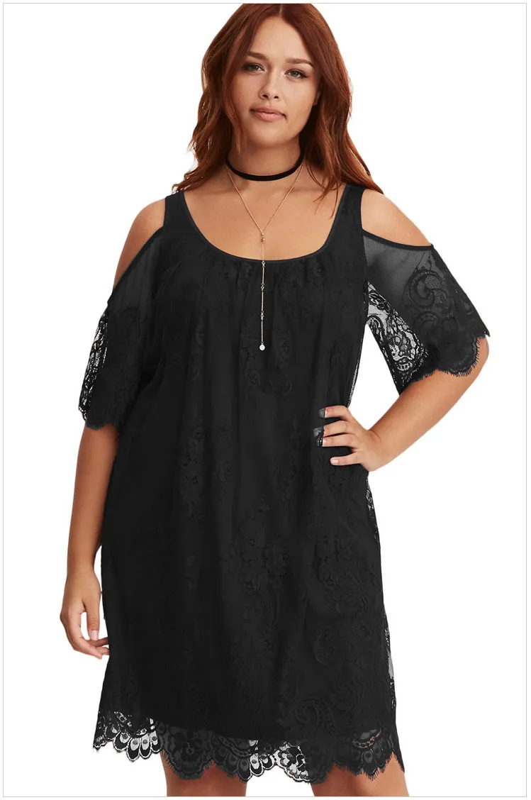 Plus Size Black Lace Cold Shoulder Trapeze Plus Size Sequin Dress