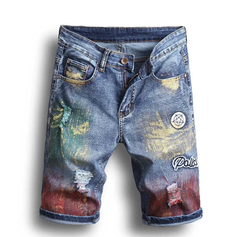 Homens jeans curtos Jeans de pintura atualizados calças curtas calças middle skinny ripped hole masculino jeans de grife masculino