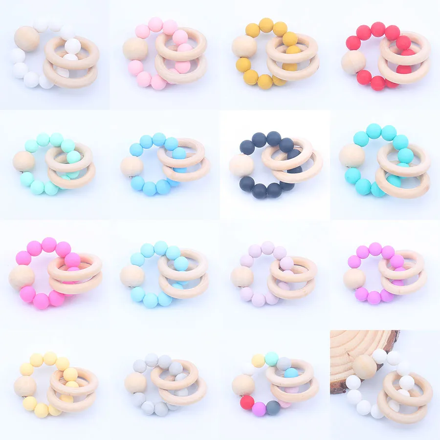 Baby Teether Rings set Food Grade Beech Wood Teething Ring Soothers Chew Toys Shower Play Round Wooden Bead Silicone teethers M1427