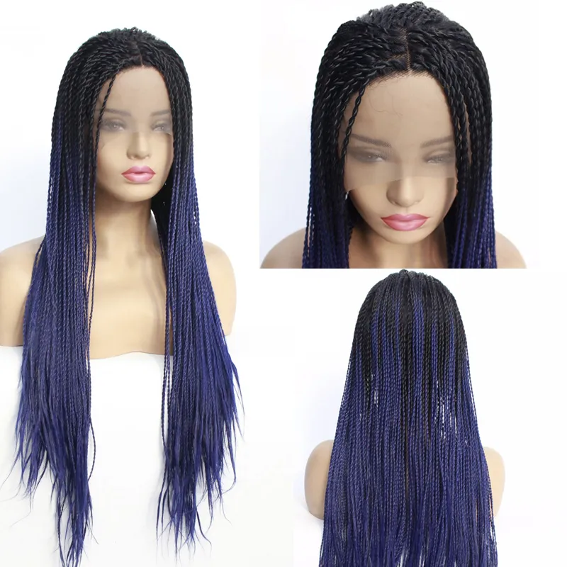 Wholesale Two Tone Ombre Color Twist Lace Front Wigs Synthethic Heat Resistant Hair Half Hand Tied Braided Wigs Free Part for black women