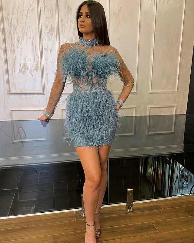 Chic Prom Dresses High Neck Appliqued Beaded Feather Long Sleeves Homecoming Above Knee Length Custom Made Formal Evening Party Dress