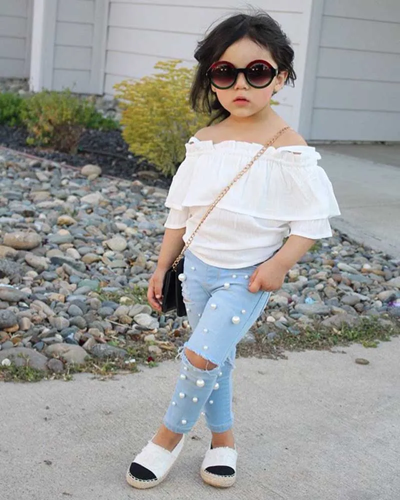 Girls Denim Pants Fashion Pearl Hole Baby Jeans Denim Kids Jeans