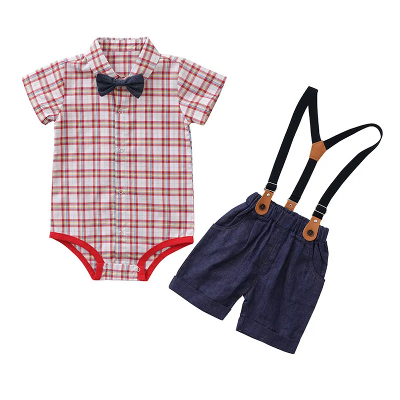 2pcs Baby Boy Plaid Short-sleeve Gentleman Bow Tie Shirt and Suspender Shorts Set