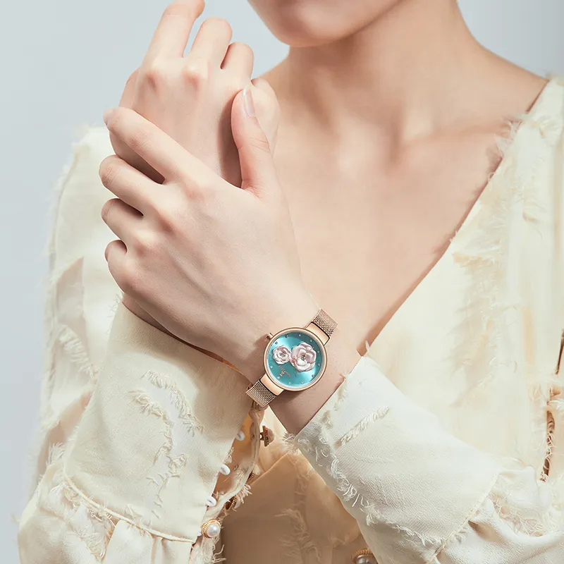ナビフォルス女性のための新しい時計トップブランド美しい花クォーツ女性腕時計ステンレス鋼メッシュ防水ガール時計259U