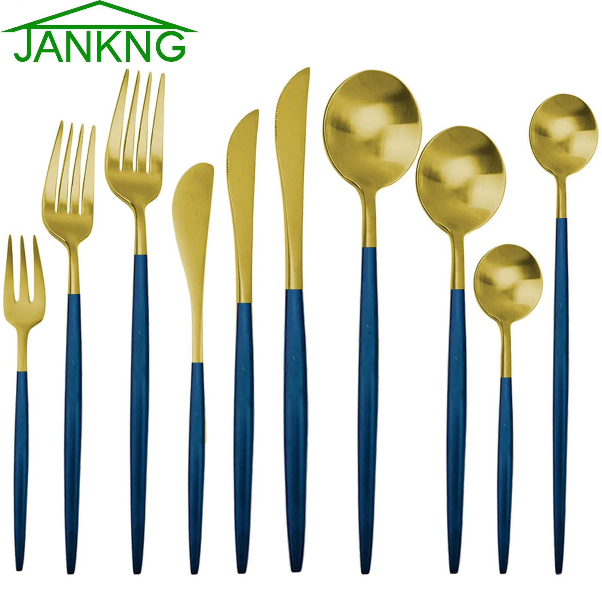 Jankng 6pcs Blue Gold Rostfritt Stål Tjänster Satser Forks Knives Chopsticks Liten Sked För Kaffe Kök Party Party Tillbehör