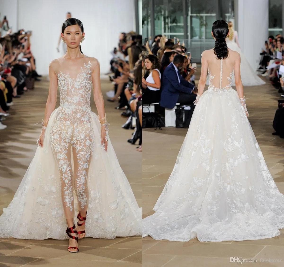 2019 Jumpsuits Bröllopsklänningar Sheer Jewel Neck Lace Appliqued Bridal Gown med Avtagbar Tåg Boho Bröllopsklänning Billiga Vestidos de Novia