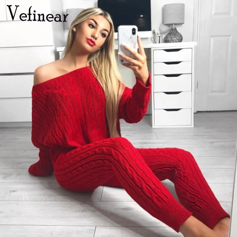 Vefinear Nouveaux crops à manches longues et legging Two Piece Sweater Automne Streetwear Streetwear tricot Femmes chaudes Suit xl