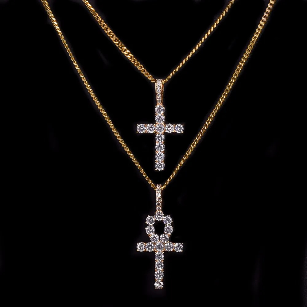 Iced Zircon Ankh Cross Necklace Jewelry Set Gold Silver Copper Material Bling CZ Key To Life Egypt Pendants Necklaces