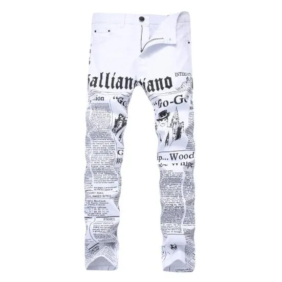 2019 New Fashion Mens Casual Jeans Straight Slim Letters Printed White Pants Large Size with Free Shipping