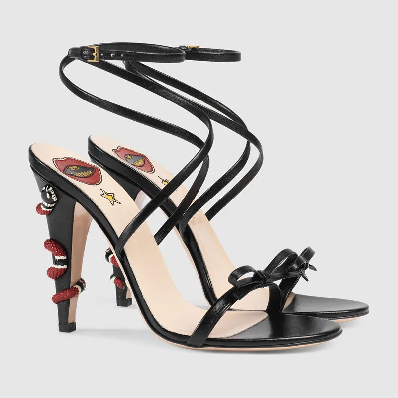 Hot Sale-New Sexy Gladiator Sandals Black Red Pink Green Women Open Toe Bowtie Slip Ankle Strap High Heels Snake Heel Party Wedding Shoes