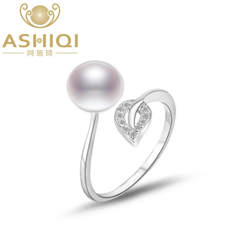 2021 ASHIQI Real 925 Sterling Silver Rings Leaf Jewelry 8-9mm Natural Pearl Freshwater Open Finger