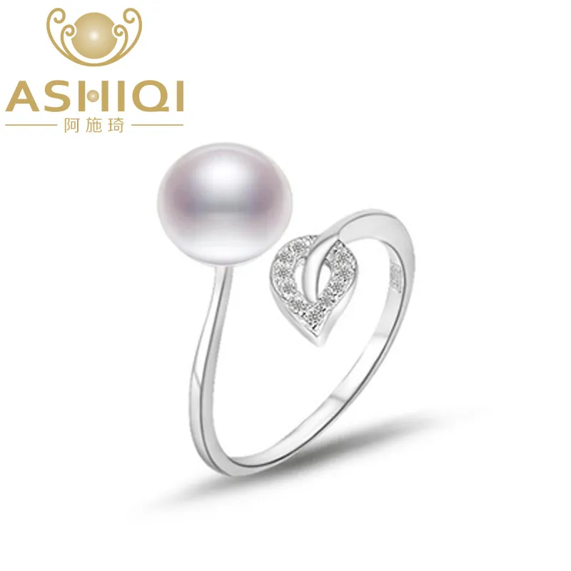 2021 Ashiqi Real 925 Sterling Silver Rings Leaf Smycken 8-9mm Naturlig Pearl Freshwater Open Finger