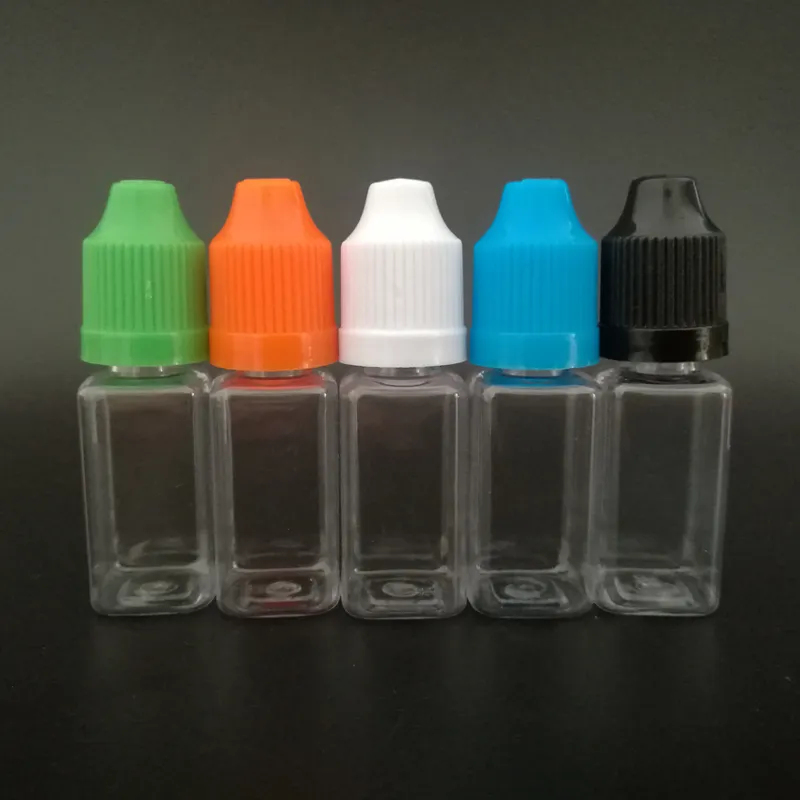 10 ml Vazio Forma Quadrada PET PET Garrafas Conta-gotas de plástico para E-líquido E-suco com tampas à prova de crianças e longas e finas dicas