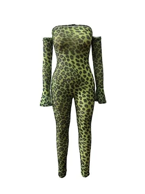 Leopard Print Sheer Mesh Night Club Party Jumpsuits Women Sexy Slash ...