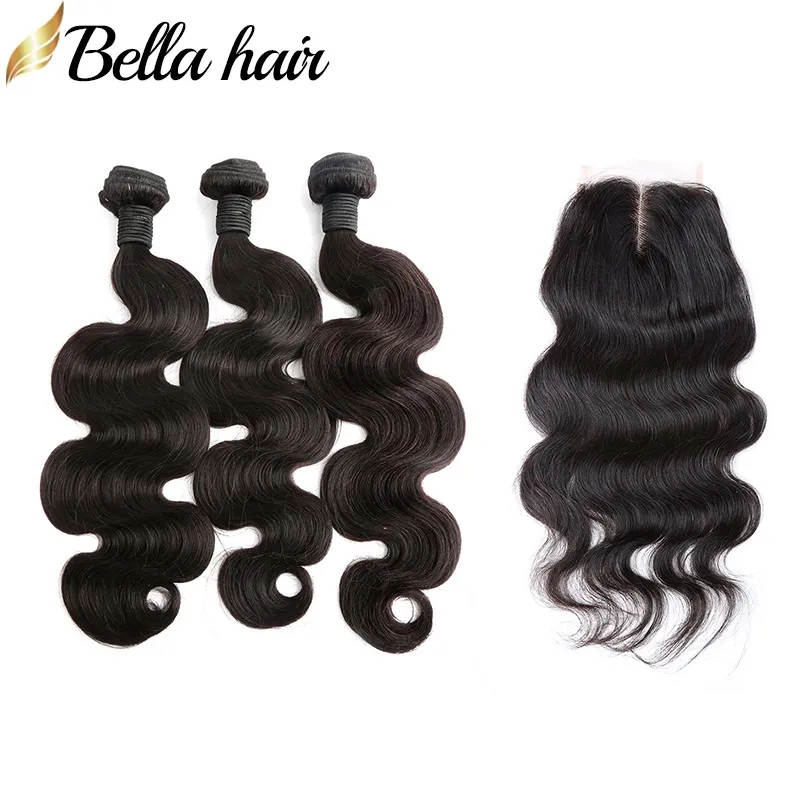 Bellahair Hair Bundles med spetsavslutning Kroppsvåg Hårväft Förlängningar och topplås 4x4 Gratis del 3st Brasilianska Virgin Hair Weaves