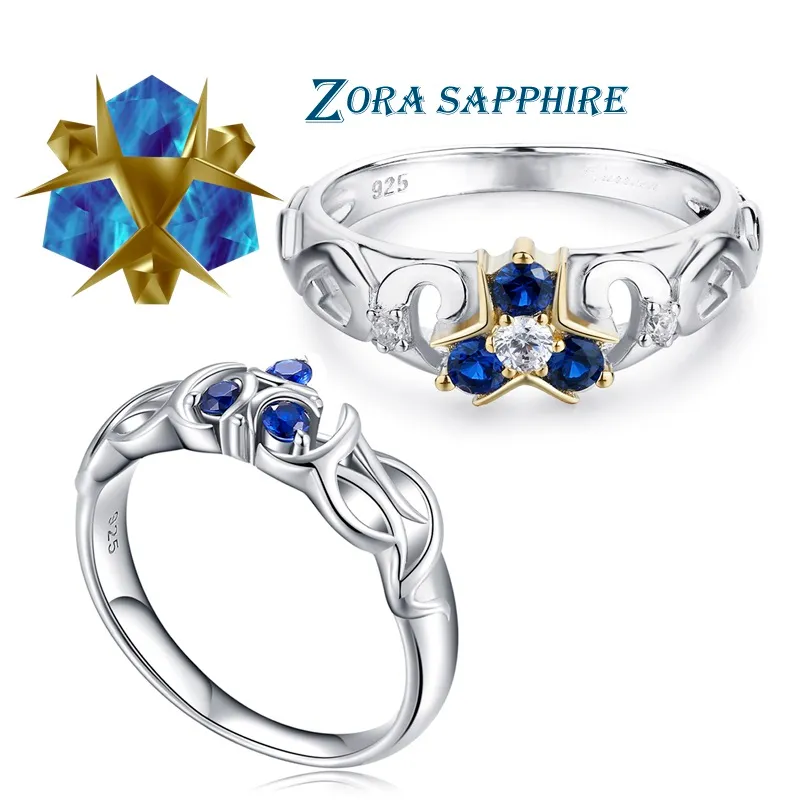 Legenden om Zelda Crystal 925 Sterling Silver Zora Zoras safir ocarina av tidsförlovningsring