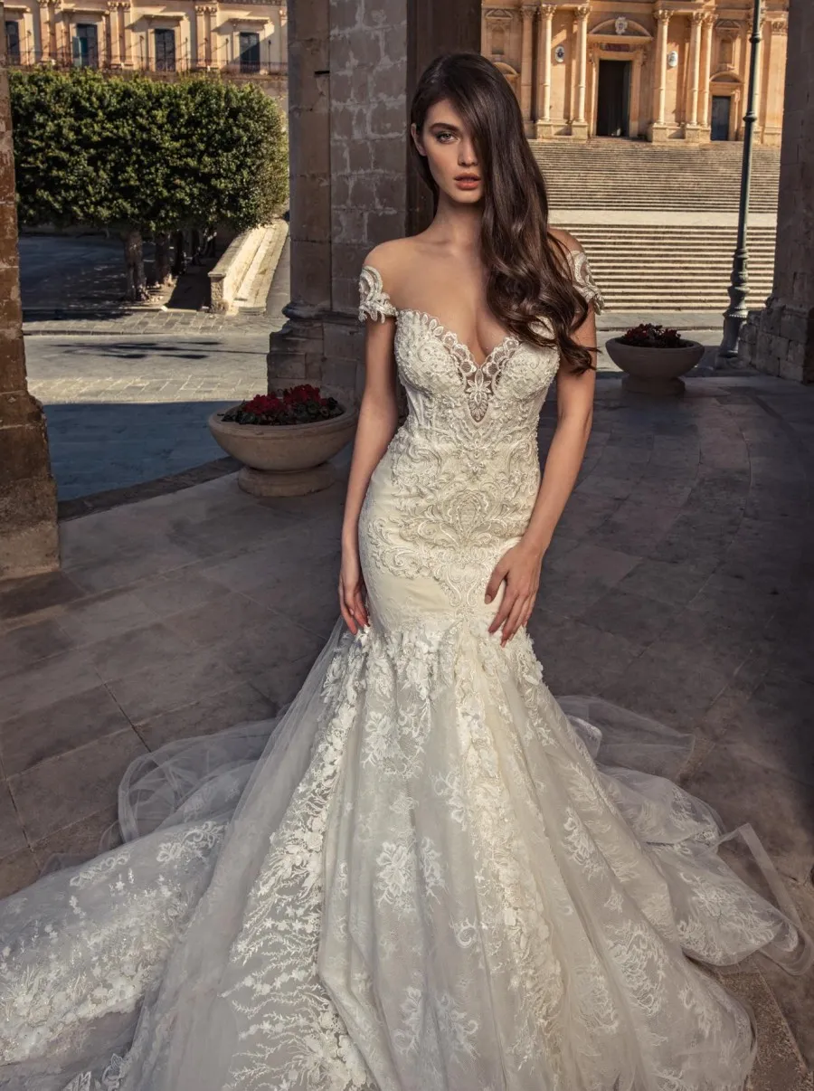 Backless Strapless Modern Mermaid Wedding Dresses Cathedral Train Lace  Dresses for Weddings – Ballbella