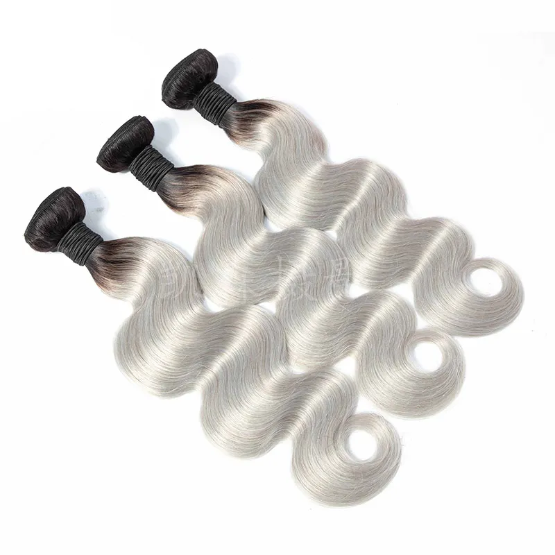 Extensões brasileiras do cabelo do virgin 1b cinza 3 pacotes onda do corpo cabelo humano 3 peças um conjunto 1b/cinza produtos de cabelo ombre 12-24 polegada