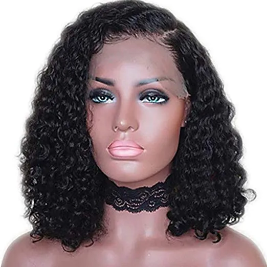 12 "Curto Deep Curly Curly 100% Brazilian Remy Human Hean Wigs para Mulheres Negras Natural Curls Peruca com Bangs 130% HD Invisibble Lace Front 13x4