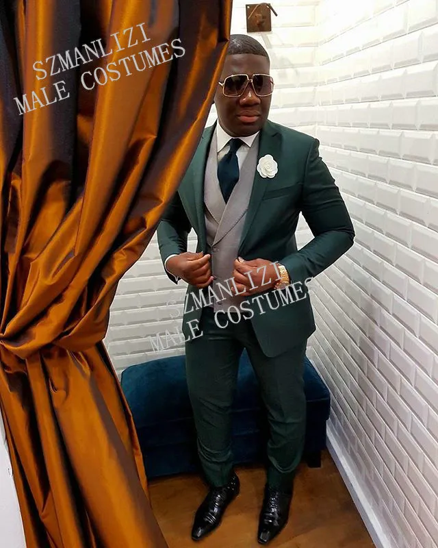 Najnowsze spodnie Płaszcze Green Men's Blazer Slim Fit 3 Sztuk Groom Dress Light Grey Vest Bal Wedding Men Garnitury Tuxedo Costume Homme