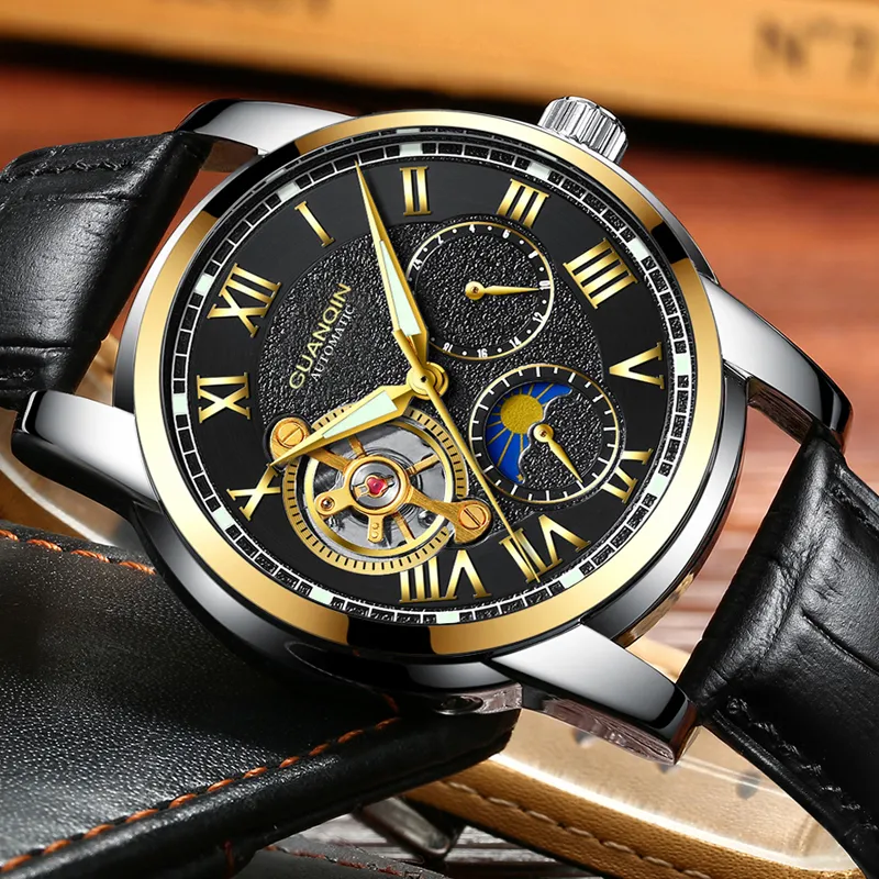 Relogio Masculino Guanqin Luxury Brand Tourbillon Automatic WatchesMen Military Sport Leather Strap Waterproof Mechanical Watch