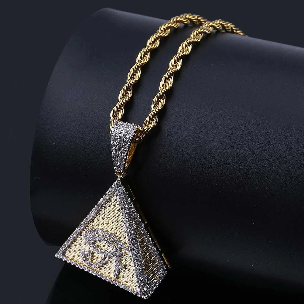 New Fashion 18K Gold & White Gold Hip Hop Pyramid Horus Eyes Pendant Necklace Twist Chain Iced Out Cubic Zirconia Jewelry Gifts for Guys