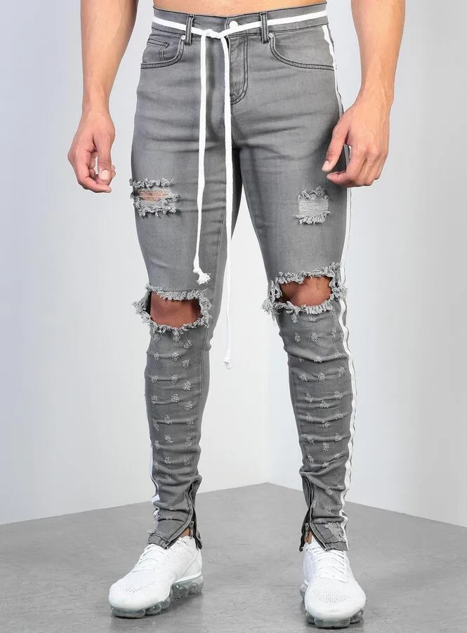 Męskie poszarpane wstążki szare obcisłe dżinsy rurki projektant mody Hi-Street Distressed Denim biegaczy dziury na kolanach myte zniszczone spodnie slim fit L0023