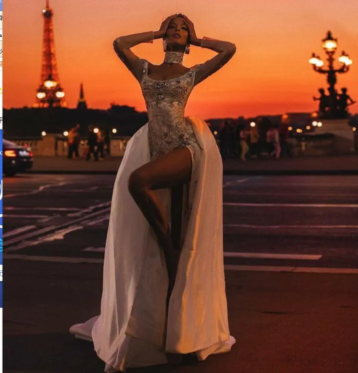 Suknia wieczorowa Ziad Naked YouSef Aljasmi White Aplikacje Syrenka Z Długim Rękawem Wysoka Szyja Z Szlakiem F Loor Długość Sukienka Kim Kardashian Zae