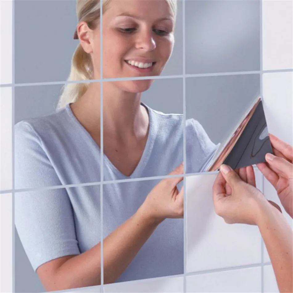 거울 타일 스티커 이동식 거울 벽 스티커 DIY 광장 벽 스티커 욕실 접착제 타일 예술 벽 데칼 스티커에 대한