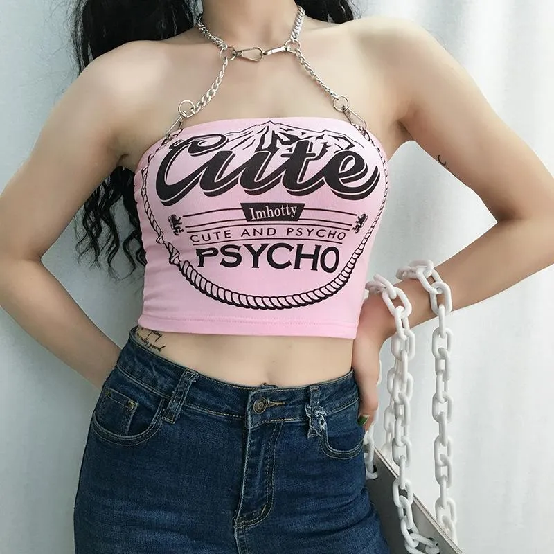 Rapariga sexy verão partido Ferro cadeia cinto Correia tubo superior Regatas Backless blusa curta Cortar Mulheres carta de impressão camisas do clube streetwear