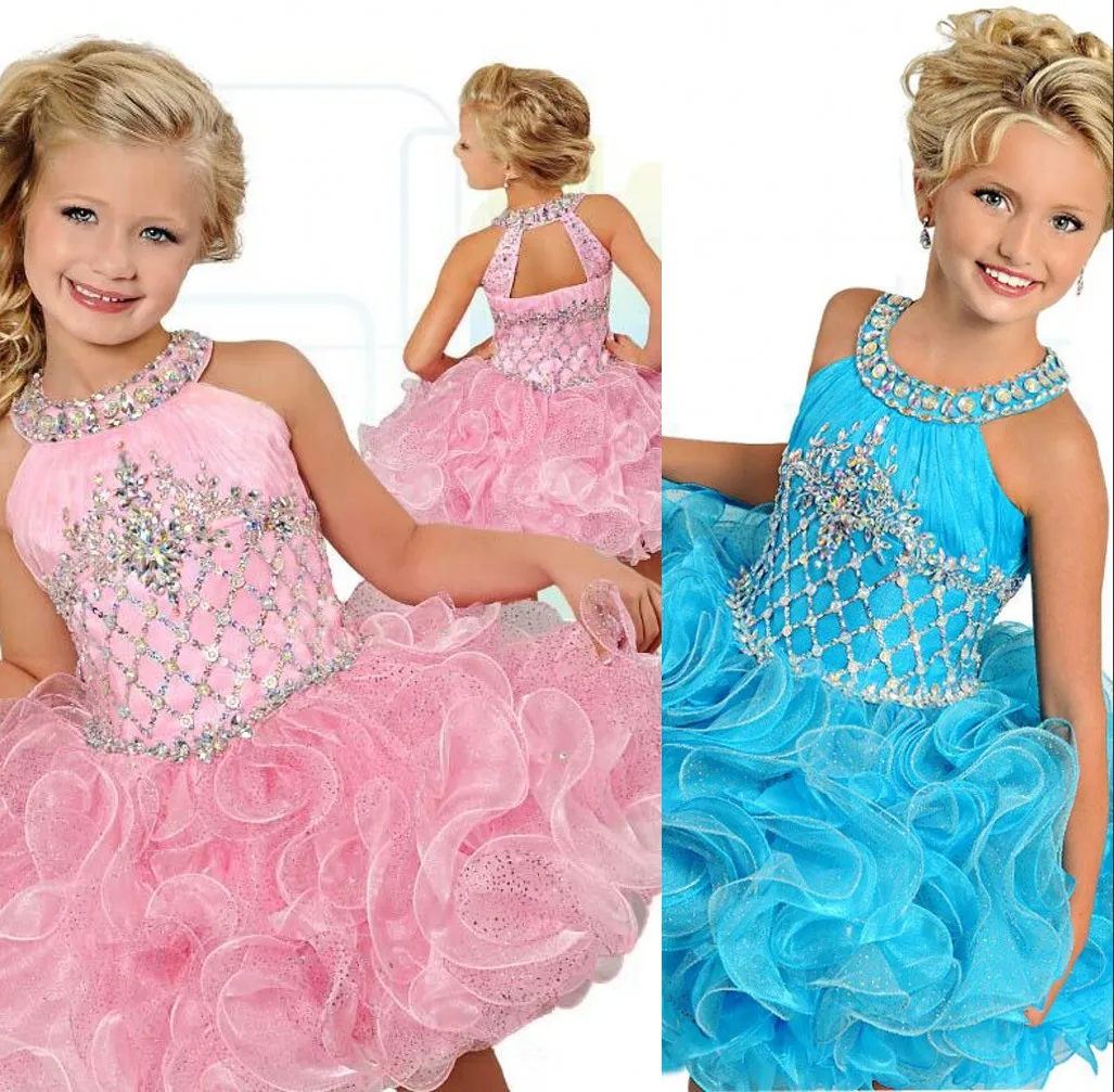 Cupcake court rose ciel bleu robe de bal filles Pageant robes bijou cou volants organza gonflé perles de cristal enfants fleur filles naissance297f