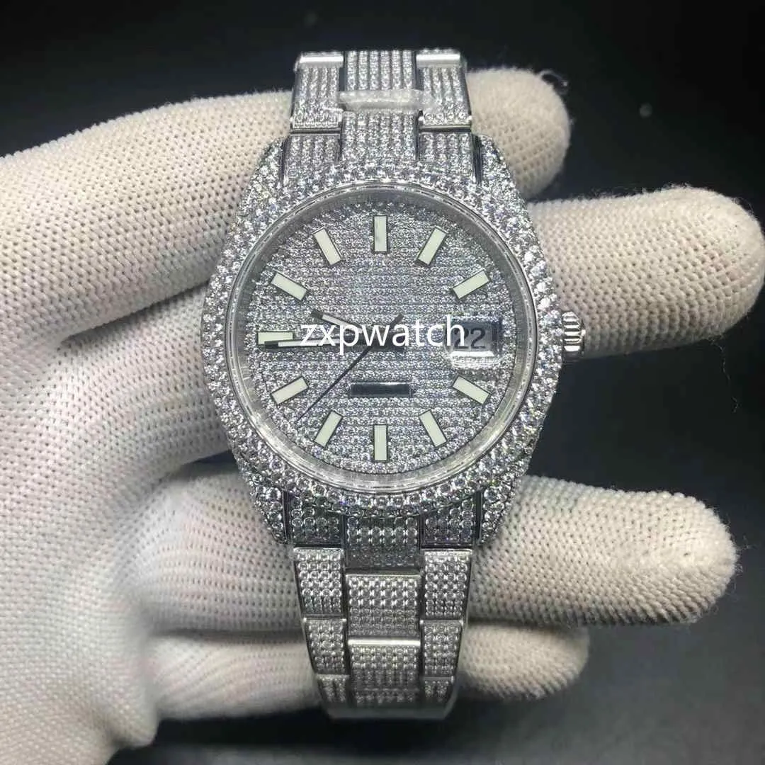 Diamond Diamond İzle dışarı TOP Kalite Erkekler Otomatik Saatler Buzlu 40MM Gümüş 904 Paslanmaz Çelik vaka Yan İzle safir