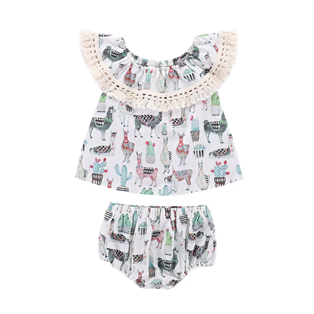 2020 Baby girls outfits Off Shoulder Tassel Lace Alpaca cactus print Tops+shorts 2pcs/set 2019 summer Boutique kids Clothing Sets C6098