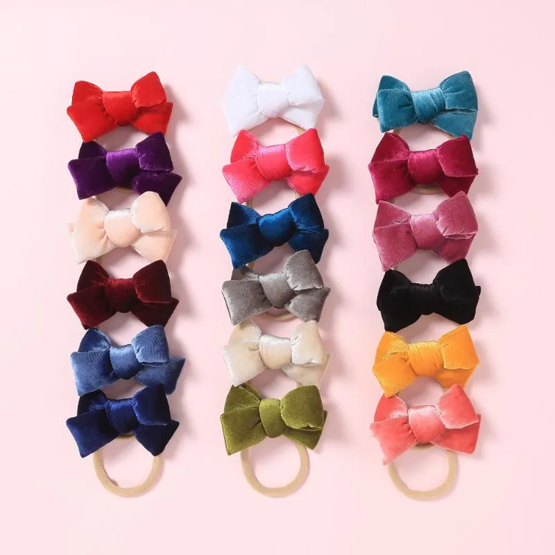 1st Korea Velvet Hair Bows Tie Baby Girls Barn Barn Gummiband Ribbon Hårband Baby Girl Accessories 18 Färger